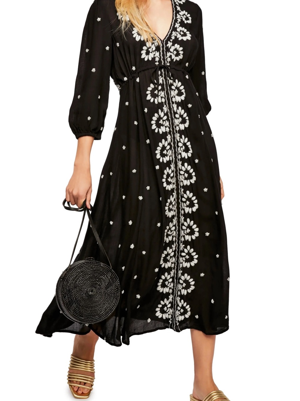 Free People Fable Embroidered Peasant Boho Midi Dress White Floral Embroidery, M - Picture 2 of 11